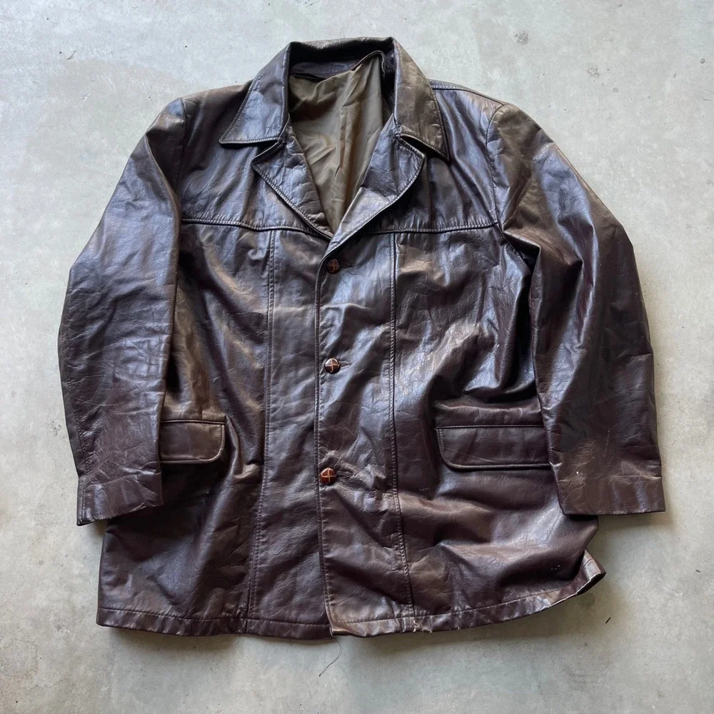 Vintage Dark Brown Leather Car Coat Mens Mid Length Button Front Jacket 25x31